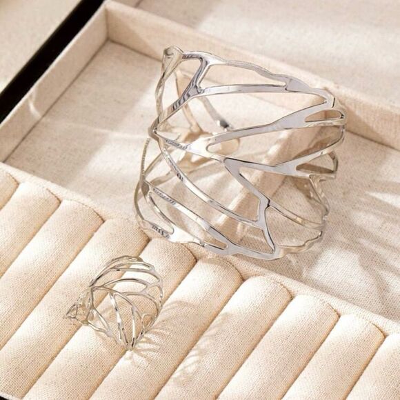 Bangle bracelet & Ring set Metal Leaf Design silver color - Picture 3 of 12